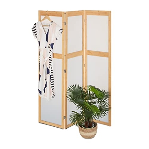 Relaxdays Paravent, 3-teilig, Faltbarer Raumtrenner, HxB: 168x135,5 cm, Kunststoff & Bambus, Trennwand innen, Natur/weiß