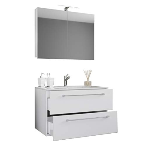 VCM 3-TLG. Waschplatz Waschtisch Badmöbel Set Waschbecken Badinos Schublade Spiegel 80, Weiß