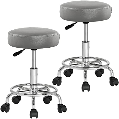Casaria® Rollhocker 2er Set Höhenverstellbar 10cm Polsterung 51-65cm Sitzhöhe 360° Drehbar Ø35cm Fußstütze Rund Hocker Drehhocker Arbeitshocker Grau