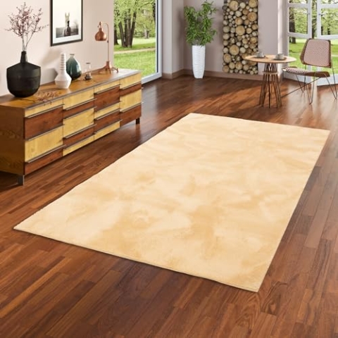 Kunstfaser Teppich Wohnzimmer Luxus Super Soft Fellteppich Pearl Curry Gelb in 5 Größen