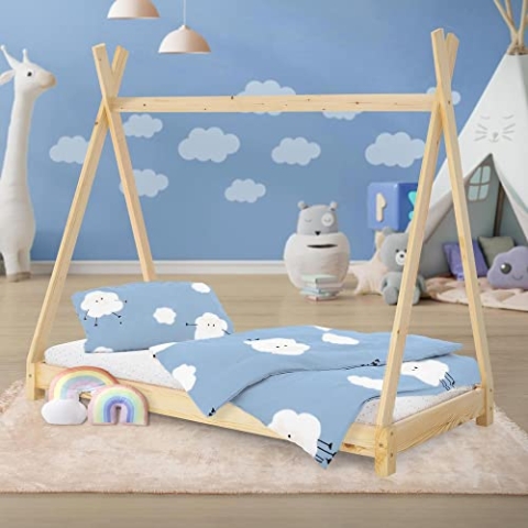 ML-Design Kinderbett Tipi 80 x 160 cm mit Lattenrost, Natur, Kiefernholz, Indianer Bett aus Massivholz, Hausbett für Mädchen und Jungen, Kinderhaus Jugendbett Holzbett Bettenhaus Spielbett Zelt Holz