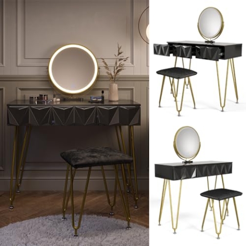 Vicco Schminktisch Ruby, Schwarz Hochglanz, 100 cm mit LED-Spiegel und Hocker