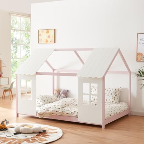 [en.casa] Kinderbett Tostedt Hausbett Jugendbett Bettenhaus Spielbett Halboffenes Design Montessori Bett aus massiver Kiefer Bettgestell Holz 120x200cm Rosa/Weiß