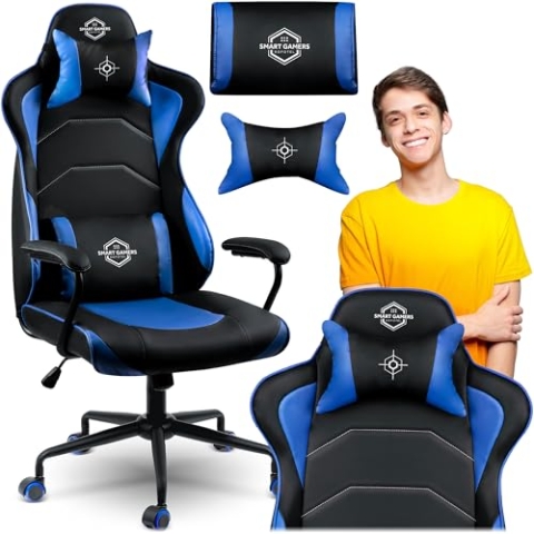 Sofotel Gaming Stuhl Ergonomisch Sessel Schreibtischstuhl Bürostuhl Drehstuhl Verstellbar Kopfstütze Lendenwirbelstütze Armlehnen SoftUp SoftSwing Kunstleder Herausnehmbare Kissen Yasuo Blau
