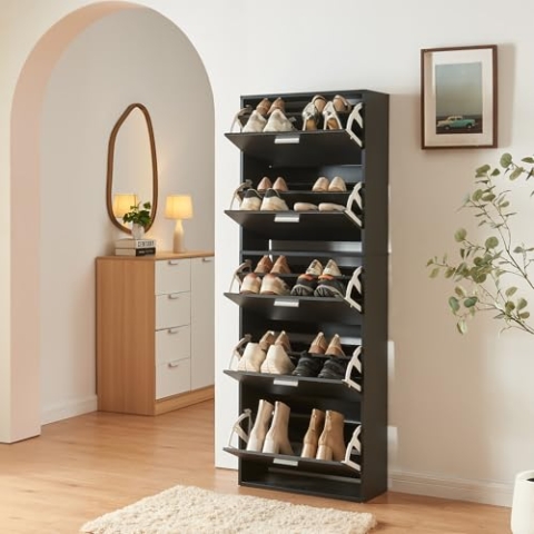 [en.casa] Schuhschrank Sykkylven Schuhkipper mit 5 Klappen Schuhkommode für 20 Paar Schuhe 169 x 60 x 24 cm Schwarz