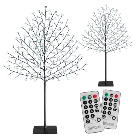 Monzana® Kirschblütenbaum 220cm 2er Set mit je 220 LED Fernbedienung Außen IP44 Innen Timer Künstlich Groß Kaltweiß Blau Deko Weihnachten Kirschbaum