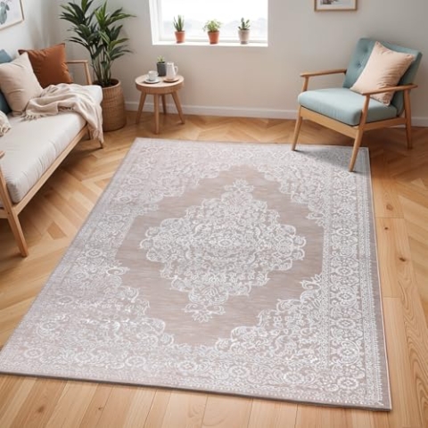 Livabliss Temara Vintage Teppich Groß - Orientalischer Boho Teppich für Wohnzimmer, Esszimmer, Schlafzimmer - 120x170 cm, Kurzflor, Einfache Pflege - Muster in Beige