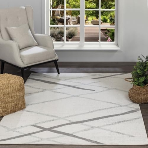 Livabliss marmor Teppich abstrakt - Wohnzimmer, Esszimmer, Schlafzimmer 120x170 cm, weicher kurzer Flor in Weiß, Grau und Silber