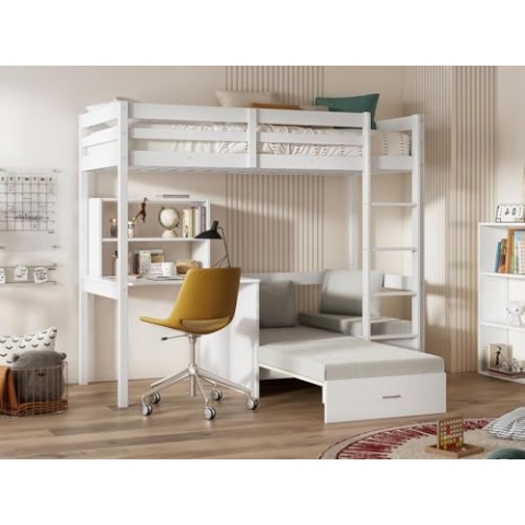 Vente-unique Hochbett mit Schreibtisch, Schlafsofa & Stauraum - 90 x 200 cm - Kiefer massiv - Geweißt - Goliath II
