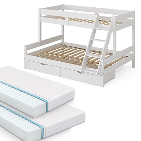 VitaliSpa Etagenbett Everest, Weiß, 140x200 / 90x200 cm mit 2 Matratzen und 2 Schubkästen