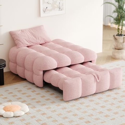 okwish Polsterbett 90x190 cm mit 2 in 1 Fußhocker und ausziehbarem Schlafsofa als platzsparendes Einzelbett Teddy Stoff Rosa