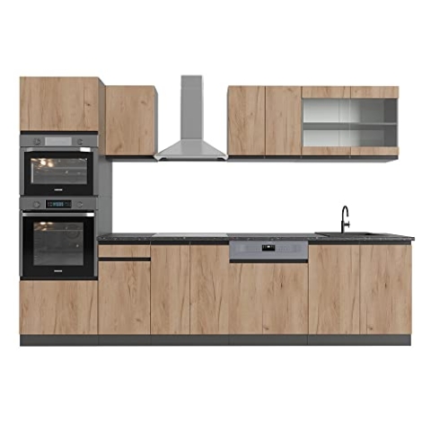 Vicco Küchenzeile R-Line, Goldkraft Eiche/Anthrazit, 300 cm J-Shape, mit Hochschrank, ohne Arbeitsplatte