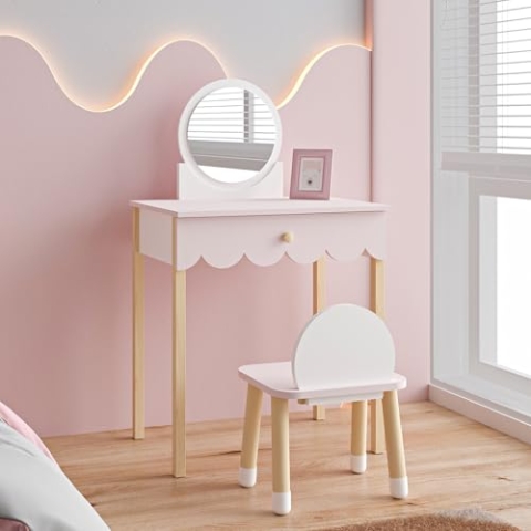 [en.casa] Schminktisch für Kinder Vestnes mit Stuhl im Set Makeup Tisch mit Schublade Frisiertisch mit Spiegel Frisierkommode Cotton Candy/Weiß