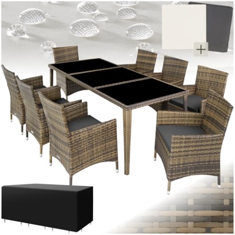 tectake Aluminium Poly Rattan Gartenmöbel Set 8 Stühle mit Tisch mit Glasplatten, inkl. 2 Bezugssets und Schutzhülle, wetterfeste Balkon Möbel - Natur