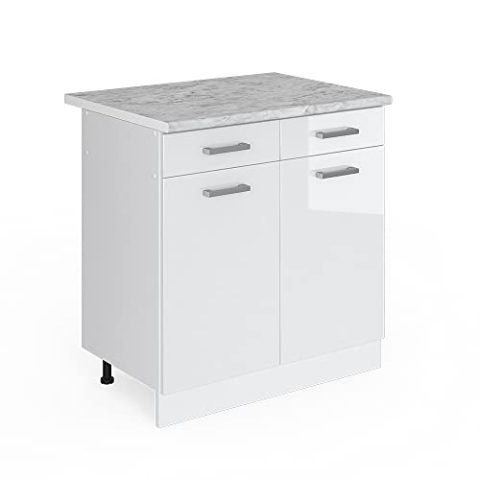 Vicco Küchenunterschrank R-Line, Schubladenschrank für die Küche, Weiß Hochglanz/Weiß, 80 cm, AP Marmor