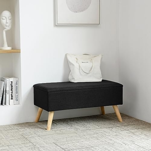 [en.casa] Sitztruhe Salford Sitzbank Bettbank mit Stauraum Polsterbank 79 x 39,5 x 39,5 cm mit Holzfüßen und aufklappbarer Sitzfläche Aufbewahrungsbank Belastbarkeit 150 kg Schwarz