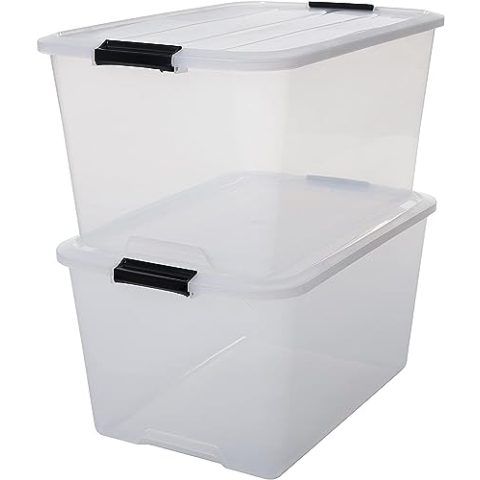 Iris Ohyama Aufbewahrungsbox mit Deckel, 45L, 2er-Set, Transparent, Schnappverschlüsse mit Griffen, Stapelbar, Stark & Langlebig, Für Kleidung, Garage, Zuhause, Büro, Plastikbox, Lagerung TB-45