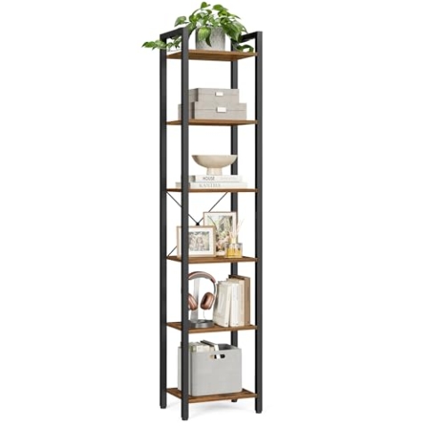 VASAGLE Regal, Bücherregal, Standregal, DVD-Regal, mit 6 Ebenen, Büroregal, offene Ablagen, für Büro, Wohnzimmer, Schlafzimmer, Küche, 30 x 40 x 186 cm, vintagebraun-tintenschwarz LLS101B01