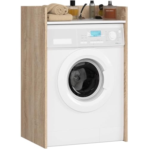 AKORD Waschmaschinenschrank 64cm geeignet für Waschmaschine & Wäschetrockner, Waschmaschinenschrank 64cm Überbauschrank, Badezimmermöbel Größe 64x98x50 cm, Sonoma Eiche & Weiß