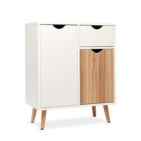 Mondeer Kommode, Sideboard Küchenschrank Holz mit 1 Schubladen 2 Türen für Wohnzimmer Schlafzimmer Flur, 60 x 30 x 73 cm, Weiß und Natur