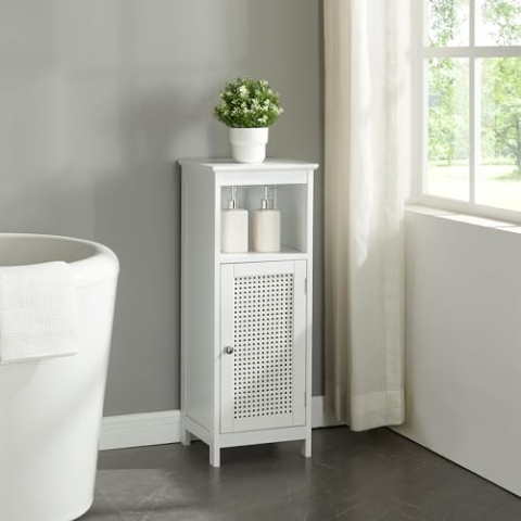 [en.casa] Badezimmerschrank Karlsøy Toilettenschrank schmaler Badschrank mit offenem Fach Schranktür im Rattan Design Nischenschrank Midischrank 80x30x28cm Weiß