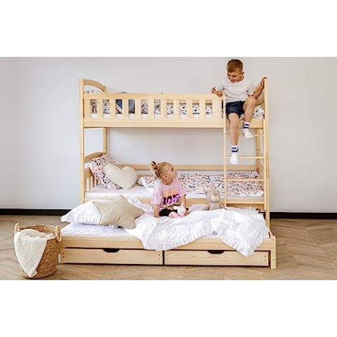Hochbett 90x200 mit Ausziehbett Etagenbett Kinderbett, Zwei Schubladen, Lattenrost, Rausfallschutz und DREI Matratzen, umbaubar in DREI Einzelbetten, Massivholz in Natur | von 4. bis 18. Lebensjahr