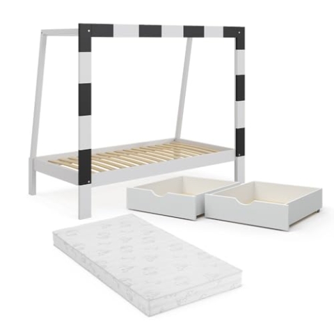 VitaliSpa Kinderbett Fußballtor, Weiß, 178 x 142.5 cm mit Schublade und Matratze