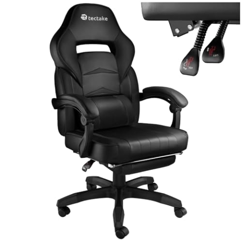 tectake® Bürostuhl ergonomisch, Chefsessel mit Lendenkissen, Drehstuhl mit Rollen und Fußstütze, Schreibtischstuhl mit Armlehnen & verstellbare Rückenlehne, PC Stuhl, Gaming Stuhl - schwarz/schwarz