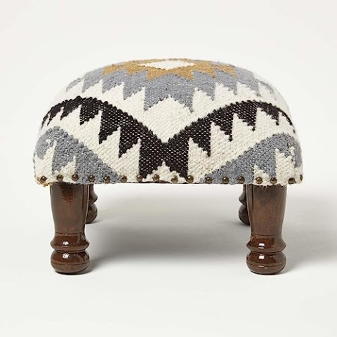 Homescapes Kelim-Hocker Agra 40x40 cm, Hocker mit handgewebtem Kelim-Bezug, Polsterhocker mit Holzbeinen