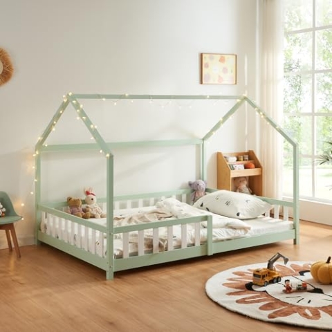 [en.casa] Kinderbett Hesel Hausbett Mintgrün 140 x 200 cm mit Rausfallschutz und Lattenrost Bodenbett Jugendbett Holzbett