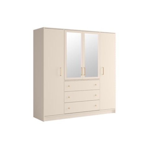 Vente-unique-Kleiderschrank mit 4 Türen & 3 Schubladen - Mit Spiegel - 196 cm - Beige & Goldfarben - Lizandro