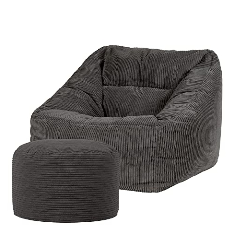 Icon Natalia Sitzsack Sessel mit Hocker für Erwachsene, Dunkelgrau, Flauschiger Cord Stoff, Riesen Sitzsack Cord mit Füllung, Bean Bag Chair, Bequemer Sessel Wohnzimmer, Lounge, Schlafzimmer, Büro