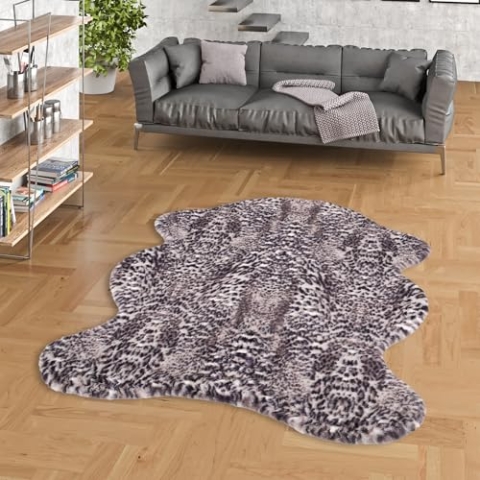 Kunstfaser Teppich Wohnzimmer Luxus Super Soft Fellteppich Pearl Leopard Schwarz Weiss Shape in 2 Größen