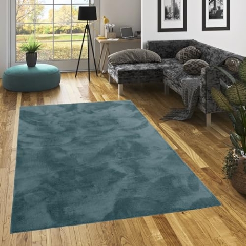 Kunstfaser Teppich Wohnzimmer Luxus Super Soft Fellteppich Pearl Blaugrau in 5 Größen