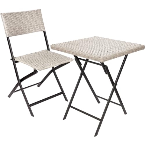 BRUBAKER Balkonset Lugano mit Tisch und 1 Stuhl - Wetterfest klappbar und platzsparend - Polyrattan Balkonmöbel Set - Sitzgruppe für Balkon Terrasse - Bistroset mit Klappstuhl - Grau/Beige