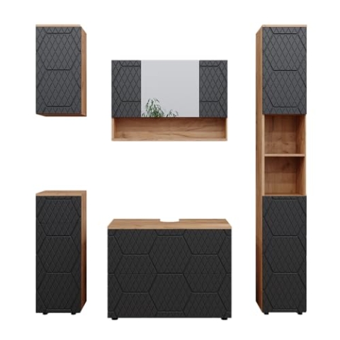 Vicco Badmöbel-Set Irma, Badezimmerschrank-Set, Goldkraft Eiche/Anthrazit, 5 Teile