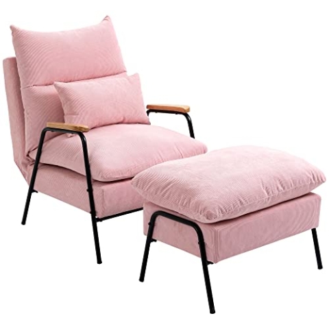 HOMCOM Relaxsessel mit Hocker Sessel mit Verstellbar Rückenlehne, Liegefunktion, Kissen, Loungesessel Modern Polstersessel mit Kord-Optik für Wohnzimmer bis 180 kg belastbar, Rosa