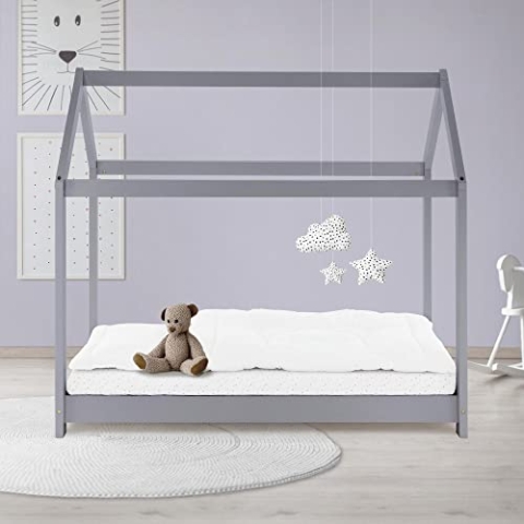 ML-Design Kinderbett 70x140 cm mit Dach und Lattenrost, Hellgrau, Hausbett für Mädchen und Jungen, Kinderhaus aus massivem Kiefernholz, Stabiles Jugendbett, Massivholz Kinder Bett Bettenhaus Spielbett