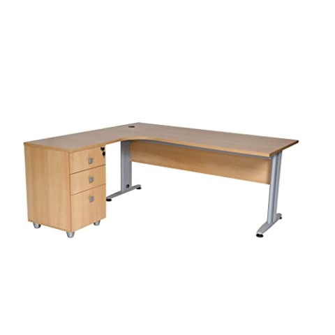 Furni24 Schreibtisch Winkelschreibtisch, Eckschreibtisch, Moderner Bürotisch Computertisch mit großer Arbeitsfläche, Bürotisch, PC Tisch, Dona Buche 180x120x74cm inkl.Beistellcontainer Links gewinkelt