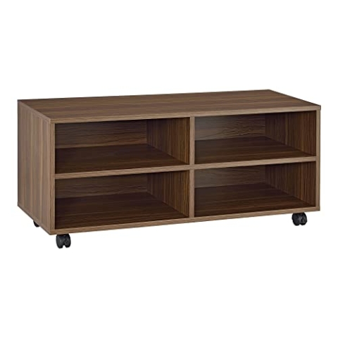 [en.casa] Lowboard auf Rollen 'Gränne' 90x35x41cm mobiles Regal TV-Schrank 4 Ablagen Fernsehregal Fernsehtisch Dunkler Holzton