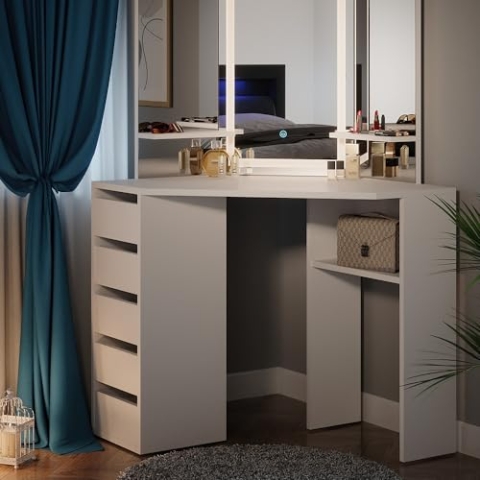 Vicco Frisiertisch für die Ecke Arielle, Kosmetiktisch mit Spiegel, Weiß, 110 cm mit LED-Spiegel