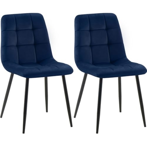 CLP 2er Set Esszimmerstuhl Tilde I Küchenstühle gepolstert mit gestepptem Bezug I Polsterstühle mit Metallgestell I Bis 150 kg belastbar, Farbe:blau, Material:Samt