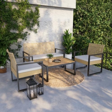 casa.pro Gartenmöbelset Calciano 4-TLG. Balkonmöbel Tisch mit Bank und 2 Stühlen Outdoor Sitzgarnitur Polsterkissen Lounge Möbel Rattan-Optik wetterfest