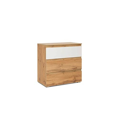 Kommode mit 3 Schubkästen (B/H/T: 80 x 80 x 45 cm) griffloses Design, Honigeiche/Weiß
