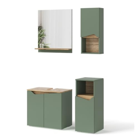 Vicco Badmöbel-Set Marelle, Badezimmerschrank-Set, Grün/Artisan, 4 Teile