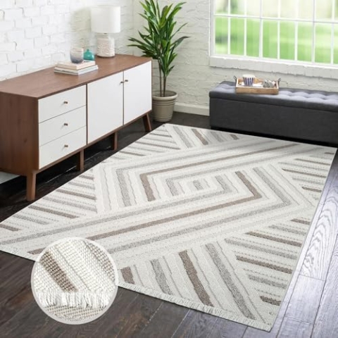 carpet city Teppich Kurzflor Wohnzimmer - Creme, Beige - 140x200 cm - Teppiche Fransen Boho-Style - Geo-Muster - Schlafzimmer, Esszimmer