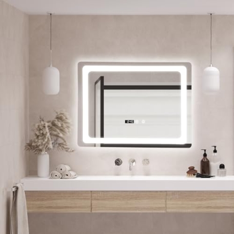 pro.tec LED-Badspiegel Casoli Wandspiegel mit Beleuchtung Warmweiß Neutral Kaltweiß Lichtspiegel 60x90cm mit Touch, Uhr, Temperatur, Antibeschlag, Memory-Funktion dimmbar Silber