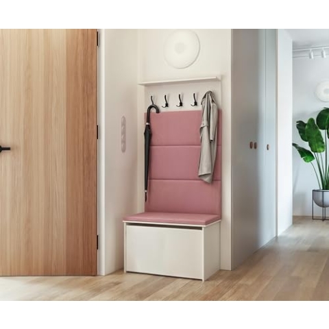 KOBI Andy Dielenset mit Sitz | Kleiderbügel + Box | Polsterplatten | Garderobe für den Flur | (Rosa)