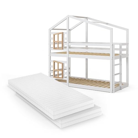 VitaliSpa Etagenbett Maja, Jugendbett, Weiß/Naturholz, 90x200 cm mit 2 Matratzen