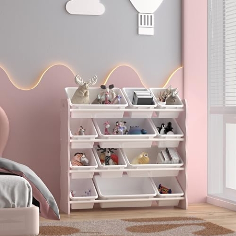 [en.casa] Kinderregal Vestnes mit 12 Aufbewahrungsboxen Spielzeugregal mit Wellendesign Spielregal Kinderzimmer Organizer Cotton Candy/Weiß